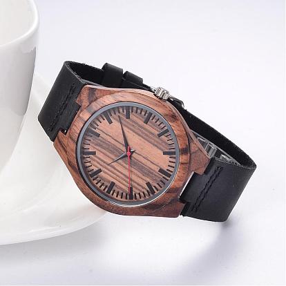 Montres-bracelets en cuir, avec les accessoires en alliage de cadran de montre en bois, 255x28x2 mm, tête de montre: 52x48x11 mm, regarder le visage: 37 mm