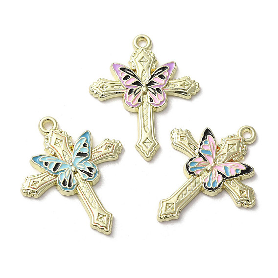 Pendentifs en émail d'alliage plaqué or léger, croix avec breloque papillon