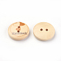 2-Hole Printed Wooden Buttons, Flat Round with Pattern & Word