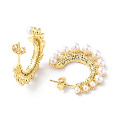 Clear Cubic Zirconia C-shape Stud Earrings with ABS Plastic Pearl Beaded, Brass Half Hoop Earrings for Women