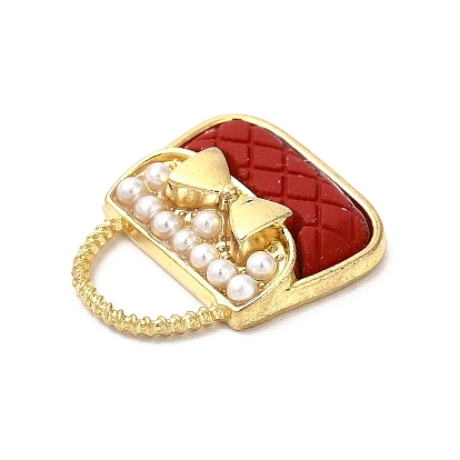 Alloy Enamel Charms, with ABS Plastic Imitation Pearl Beads, Cadmium Free & Nickel Free & Lead Free, Golden, Handbag with Bowknot Charm