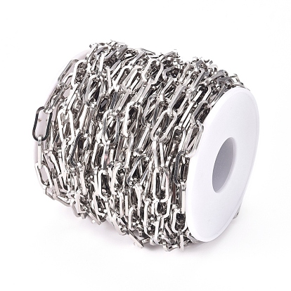 304 Stainless Steel Paperclip Chains, Flat Oval, Drawn Elongated Cable Chains, Unwelded, with Spool