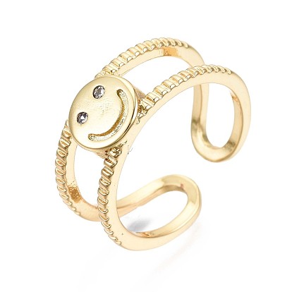 Latón micro pavé claro anillos de brazalete de circonio cúbico, anillos abiertos, sin níquel, cara sonriente