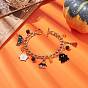 Alloy Enamel Ghost & Bat & Broom & Natural Lava Rock Charm Bracelet, Halloween Jewelry for Women