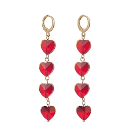 Glass Heart Tassel Dangle Leverback Earrings, Golden Brass Long Drop Earrings for Women