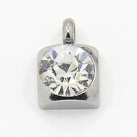 201 Stainless Steel Rhinestone Square Charm Pendants, Grade A, Faceted, 9x6x4mm, Hole: 1mm