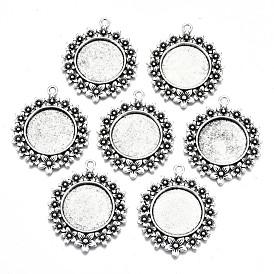 Tibetan Style Alloy Pendant Cabochon Settings, Cadmium Free & Lead Free, Flat Round with Flower Side