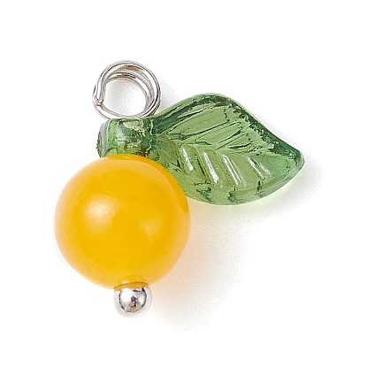 Natural Gemstone Fruit Charms, with Acrylic Leaf and Platinum Plated Brass Loops