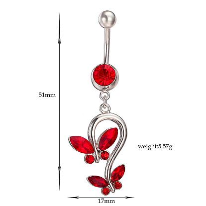 Piercing Jewelry Real Platinum Plated Brass Rhinestone Double Butterfly Navel Ring Belly Rings, 51x17mm
