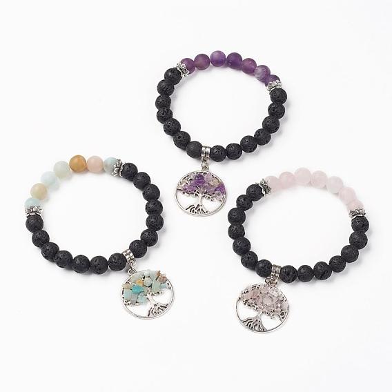 Bracelets de charme de pierre naturelle, avec des pendentifs en alliage de style tibétain, perles de pierre de lave et perles d'espacement de lotus, arbre de la vie, argent antique