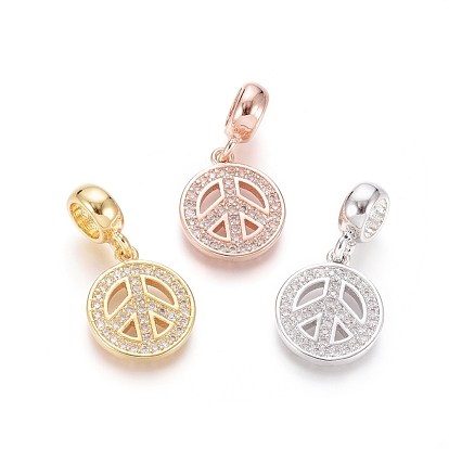 Brass Micro Pave Clear Cubic Zirconia European Dangle Charms, Large Hole Pendants, Peace Sign