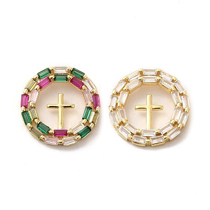 Micro cuivres ouvrent pendentifs zircone cubique, plat rond avec breloque croix, or, religion