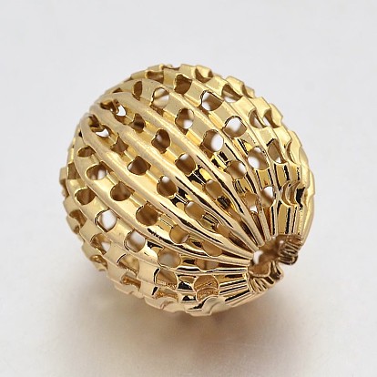 Round Vacuum Plating Brass Hollow Filigree Corrugated Beads, Filigree Ball, 14x15mm, Hole: 3mm
