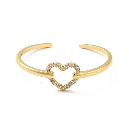 Bracelet manchette ouvert en forme de cœur évidé avec zircone cubique transparente, bijoux en laiton de placage de rack pour les femmes, sans plomb et sans cadium
