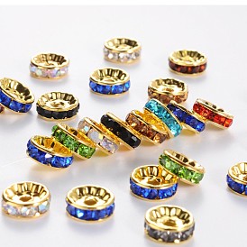 Brass Rhinestone Spacer Beads, Grade AAA, Straight Flange, Nickel Free, Golden Metal Color, Rondelle, 10x4mm, Hole: 2mm