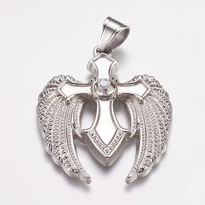 304 Stainless Steel Pendants, with Rhinestone, Wing with Cross, Crystal