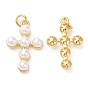 Brass Plastic Imitation Pearls Pendants, with Jump Ring, Cadmium Free & Lead Free, Long-Lasting Plated, Cross Charms