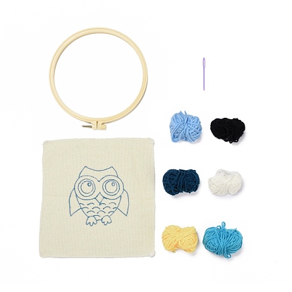 Owl Punch Embroidery Supplies Kit, including Instruction, Solid Wood Embroidered Frame, Plastic Pins, Fabric and 6 Colors Threads