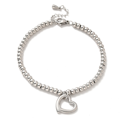 304 bracelet à breloques cœur en acier inoxydable avec 201 perles rondes en acier inoxydable pour femme