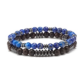 Beads Stretch Bracelets Set, Natural Lapis Lazuli & Ebony Wood & Synthetic Hematite Beads Bracelets for Men Women