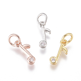Brass Charms, with Micro Pave Cubic Zirconia and Jump Rings, Musical Note, Clear