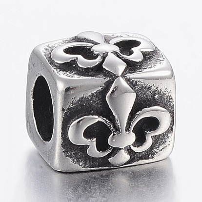304 Stainless Steel European Beads, Large Hole Beads, Cuboid with Fleur De Lis