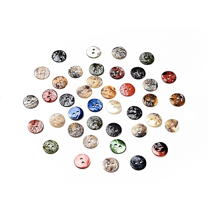Mother of Pearl Buttons, Akoya Shell Button, Dyed, Flat Round, Mixed Color, 10x1mm, Hole: 1.5mm