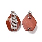 Natural Gemstone Pendants, Faceted Rhombus Charm, with 304 Stainless Steel Leaf Findings