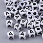 White Opaque Acrylic Beads, Horizontal Hole, Cube with Black Alphabet