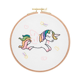 Unicorn Pattern Embroidery Starter Kits, including Embroidery Fabric & Thread, Needle, Plastic Embroidery Hoop, Instruction Sheet