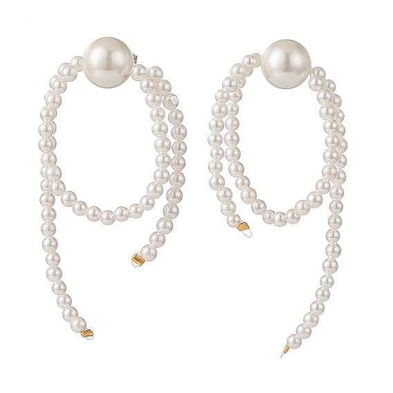 Shell Pearl Round Beaded Tassel Dangle Stud Earrings, 304 Stainless Steel Wire Wrapped Long Drop Earrings for Women