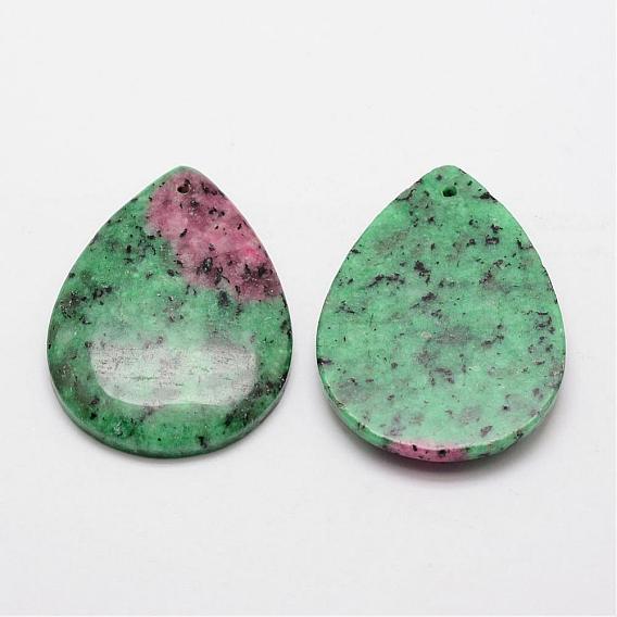 Natural Ruby in Zoisite Pendants, Dyed, Flat Teardrop, 53~54.5x39~40x6mm, Hole: 2mm