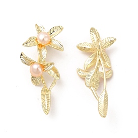Natural Pearl Pendants, Flower Charms with Leaf, with Brass Findings
