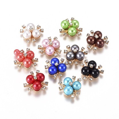 Alloy Cabochons, with Crystal Rhinestone & Acrylic Imitation Pearl, Flower, Light Gold