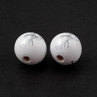 Printed Natural Wood European Beads, Large Hole Bead, Round with Christmas Theme Pattern