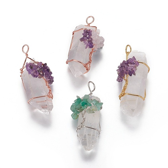 Natural Quartz Crystal Big Pendants, with Mixed Gemstone Chips and Brass Findings, Nuggets