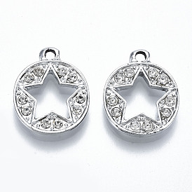 UV Plated Alloy Pendants, with Crystal Rhinestone, Flat Round with Hollow Star, Cadmium Free & Lead Free