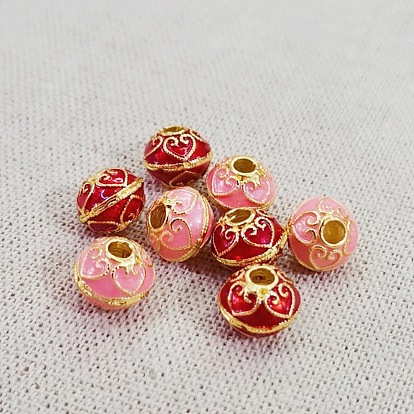 Brass Enamel Beads, Golden, Rondelle with Heart Pattern