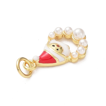 Colgantes de esmalte de latón chapado en estante navideño, con perla de imitación de plástico y anillo de engarce, sin plomo y cadmio, encanto de santa claus, real 18 k chapado en oro