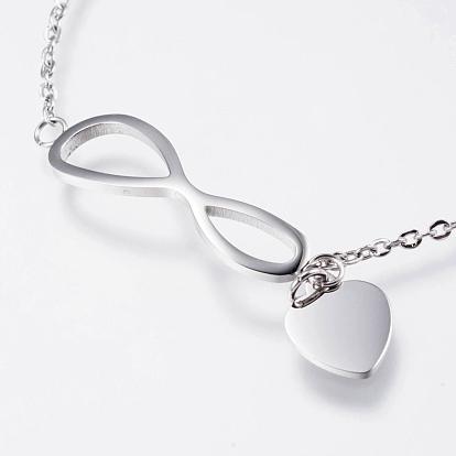 304 Stainless Steel Link & Charm Bracelets, with Lobster Claw Clasps, Infinity with Heart
