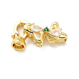 Rack Plating Brass Clear & Green Cubic Zirconia Fold Over Clasps, Cadmium Free & Lead Free, Long-Lasting Plated, Bowknot