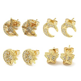 Brass Micro Pave Cubic Zirconia Ear Studs, Real 18K Gold Plated