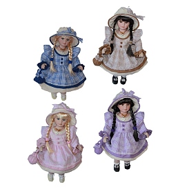 Porcelain Doll Display Ornaments, Lady Women with Hat & Cloth Dress, for Home Desk & Doll House Decoration