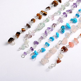 Handmade Gemstone Chips Beads Chains for Necklaces Bracelets Making, with Silver Color Plated Iron Eye Pin, Unwelded, 39.3 inch, Beads: 5~9mm