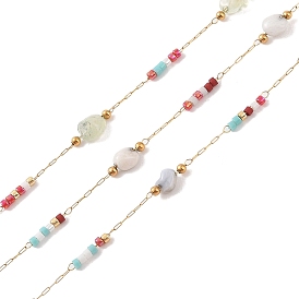 Natural Gemstone Link Chains, with Glass Seed Beaded and Ion Plating(IP) Real 18K Gold Plated  316 Stainless Steel Chain, Soldered, with Spools