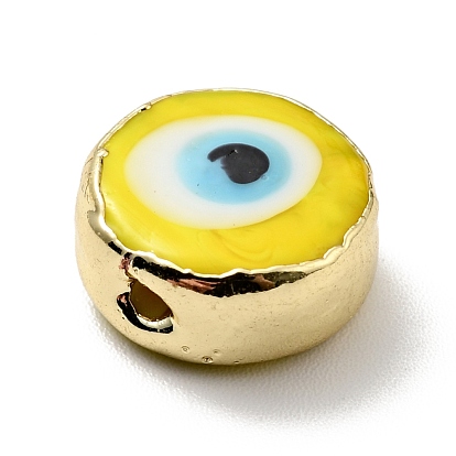 Handmade Evil Eye Lampwork Beads, with Brass Findings, Flat Round
