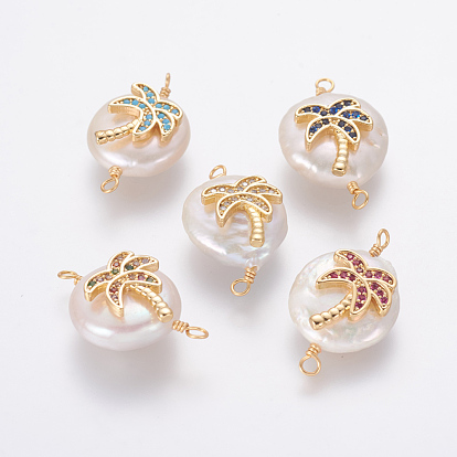 Connecteurs de liens de perles naturelles, avec accessoires zircon cubique micro pave en laiton, pépites de cocotier