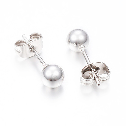 304 Stainless Steel Stud Earrings, Hypoallergenic Earrings, with Ear Nuts, Round