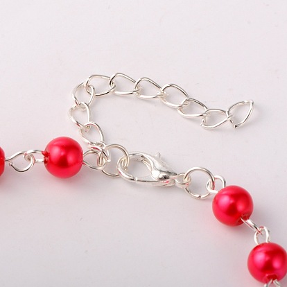 Trendy Glass Pearl Anklets, with Zinc Alloy Lobster Claw Clasps and Iron End Chains, 230mm