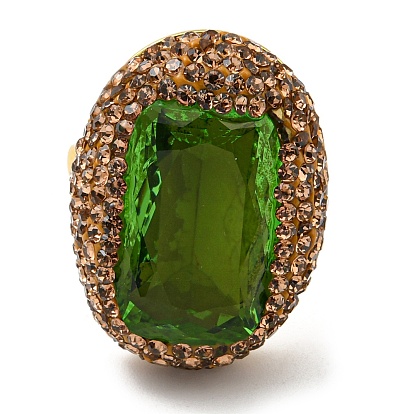 Anillo ajustable rectángulo de cristal verde oliva con strass, anillo de latón para mujer